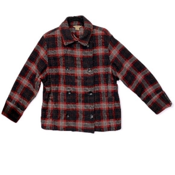 Vintage WoolRich Pea Coat Plaid Wool double breasted Burgundy Black gray size L - Picture 10 of 17